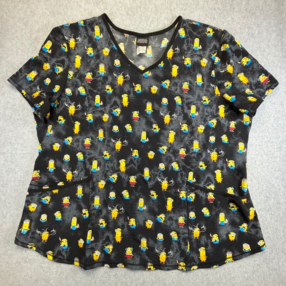 Minions The Rise of Gru Scrub Top Women's 2XL Black Yellow V Neck‎